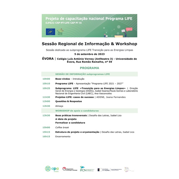 Sessão dedicada ao subprograma LIFE Transição para as Energias Limpas – 5 de setembro, Évora
